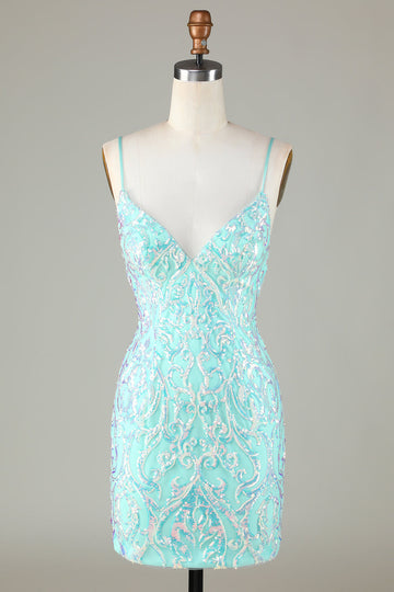 Sparkly Tight Spaghetti Straps Green Short Ball Dress with Backless